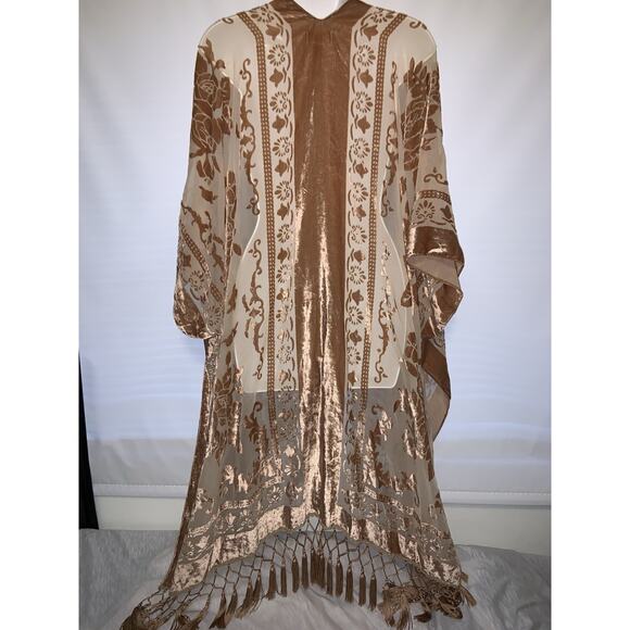 Free People Kimono Duster Sheer Velvet Burnout Champagne Brown Cardigan OS Boho - Picture 2 of 5